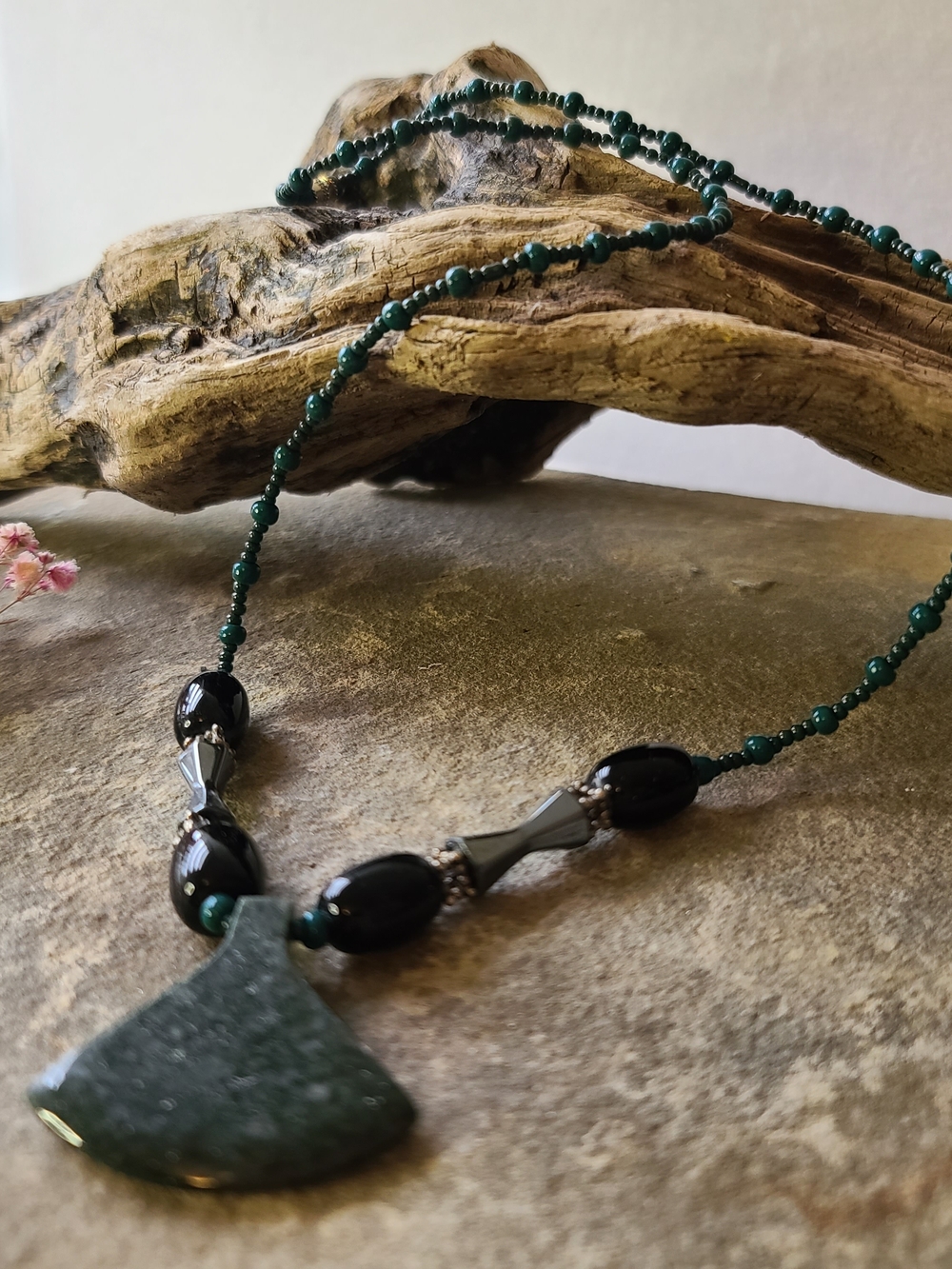 Statement Luxury Green Jasper & Black Obsidian Tribal Artifact Totem Necklace